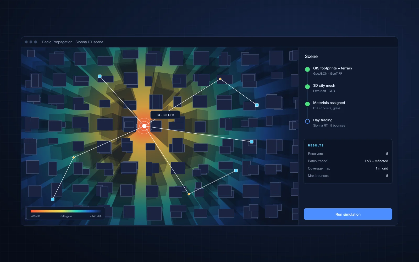 Radio Map and Path Propagation Simulation screenshot